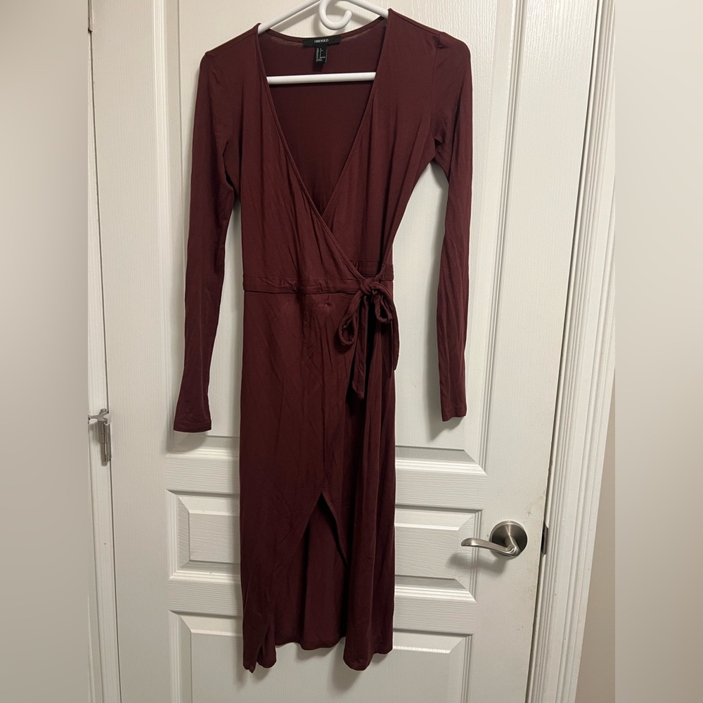 Forever 21 Maroon Long Sleeve Wrap Dress